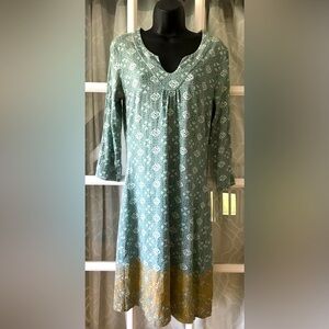 Woolrich size S 100% cotton blue dress with gold/mustard print along bottom EUC